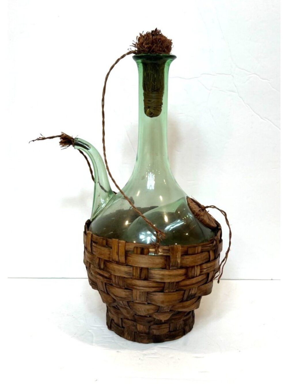 Vintage Green Glass Italian Decanter Woven Basket Mid Century Modern Barware